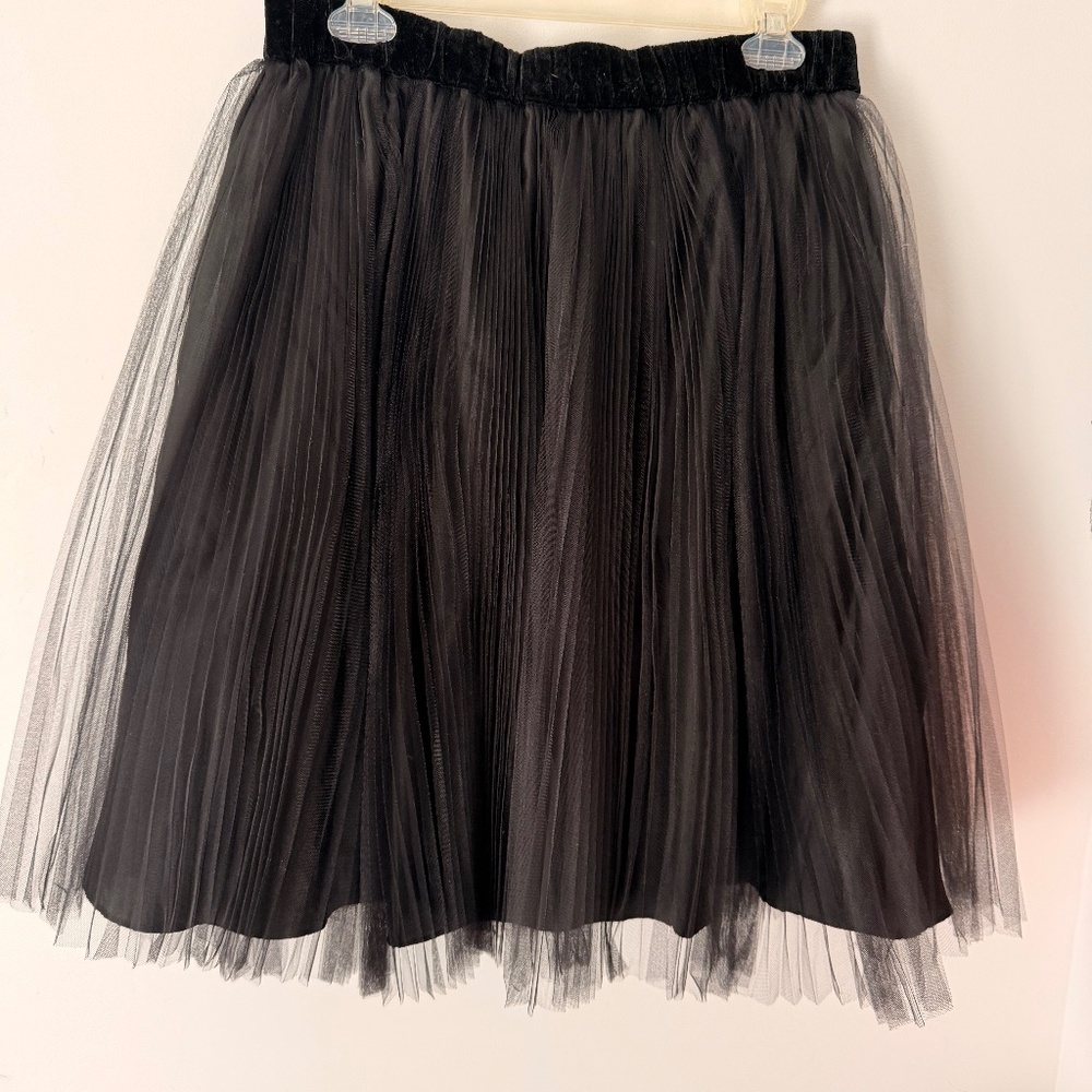 Black Pleated Tulle Mesh Skirt with Velvet Waistband